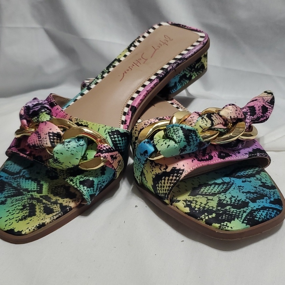 Betsey Johnson rainbow snakeskin satin print gold chain kitten heel open toe